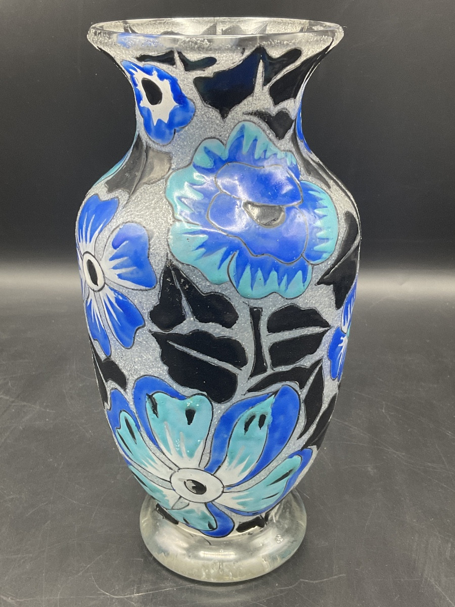 Art Deco Enameled Glass Vase Signed A. Mazoyer With Decoration Of Flowers And Foliage On A Frosted Background.