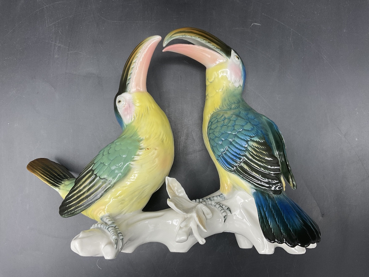 Pair Of Toucans Perched On A Branch In Polychrome Porcelain From The Karl Ens Factory.-photo-5