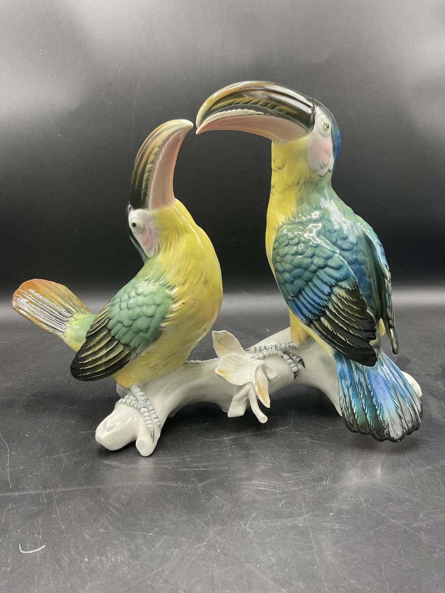 Pair Of Toucans Perched On A Branch In Polychrome Porcelain From The Karl Ens Factory.