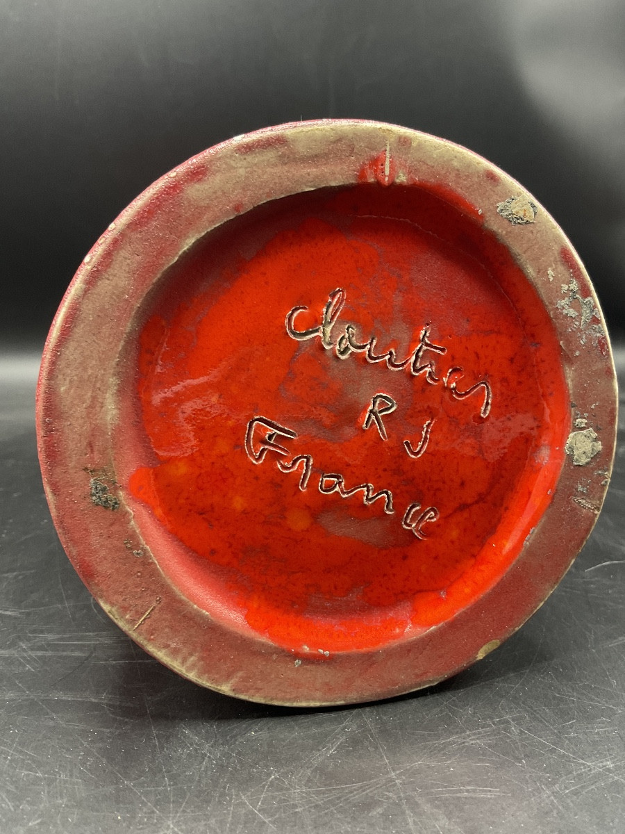 Vase de forme rouleau a deux anses en céramique des frères Cloutier de couleur rouge et noir.-photo-4