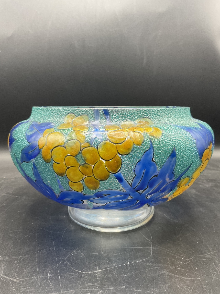 coupe sur piedouche en verre émaillé Art-Déco signée A. Mazoyer à décor de grappes de raisins.-photo-2