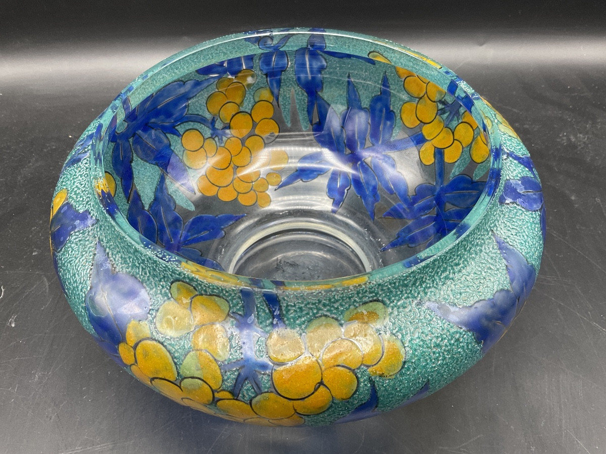 coupe sur piedouche en verre émaillé Art-Déco signée A. Mazoyer à décor de grappes de raisins.-photo-3