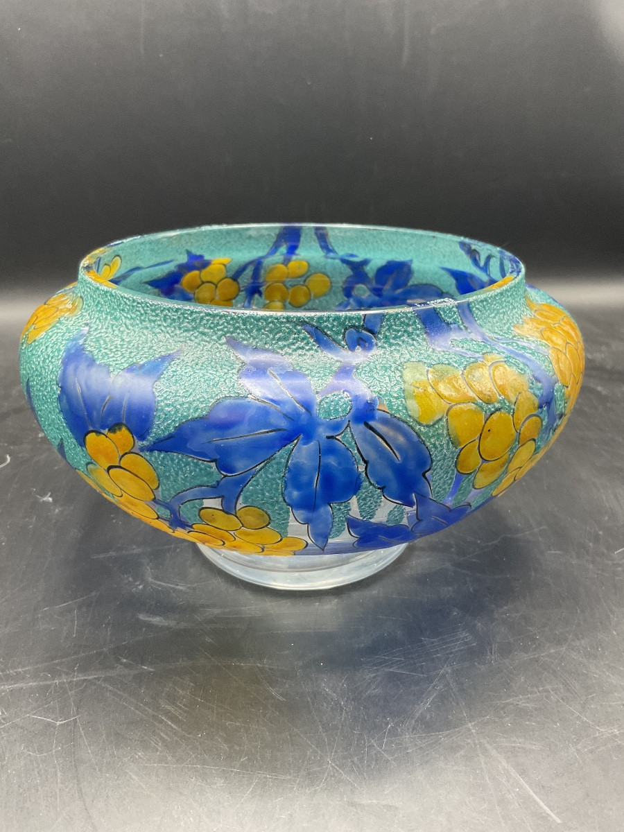 coupe sur piedouche en verre émaillé Art-Déco signée A. Mazoyer à décor de grappes de raisins.-photo-2