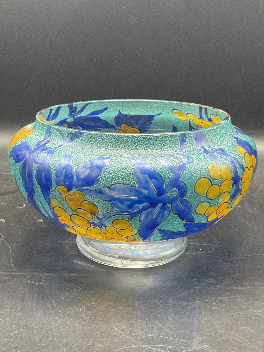 coupe sur piedouche en verre émaillé Art-Déco signée A. Mazoyer à décor de grappes de raisins.-photo-4