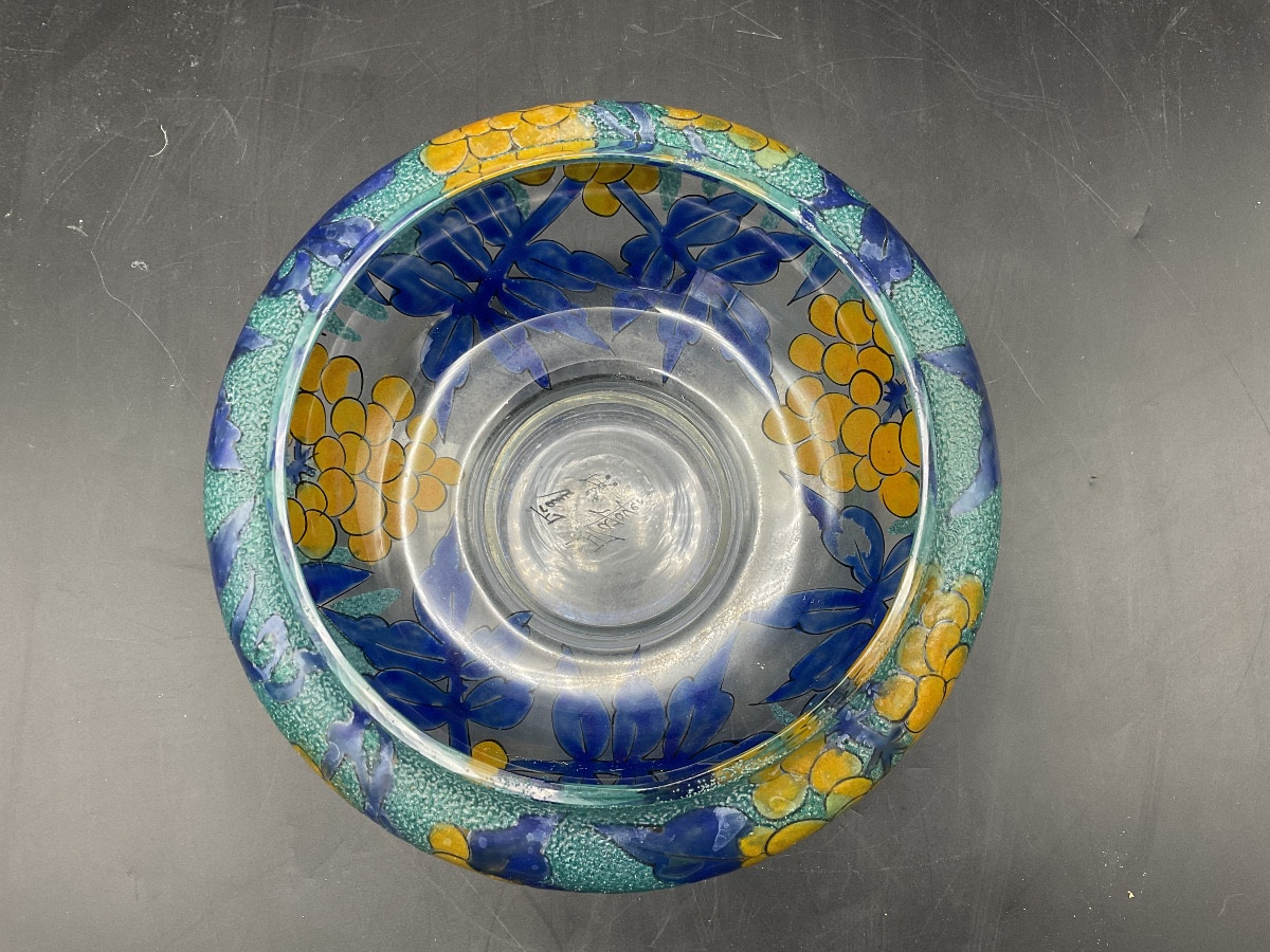 coupe sur piedouche en verre émaillé Art-Déco signée A. Mazoyer à décor de grappes de raisins.-photo-7