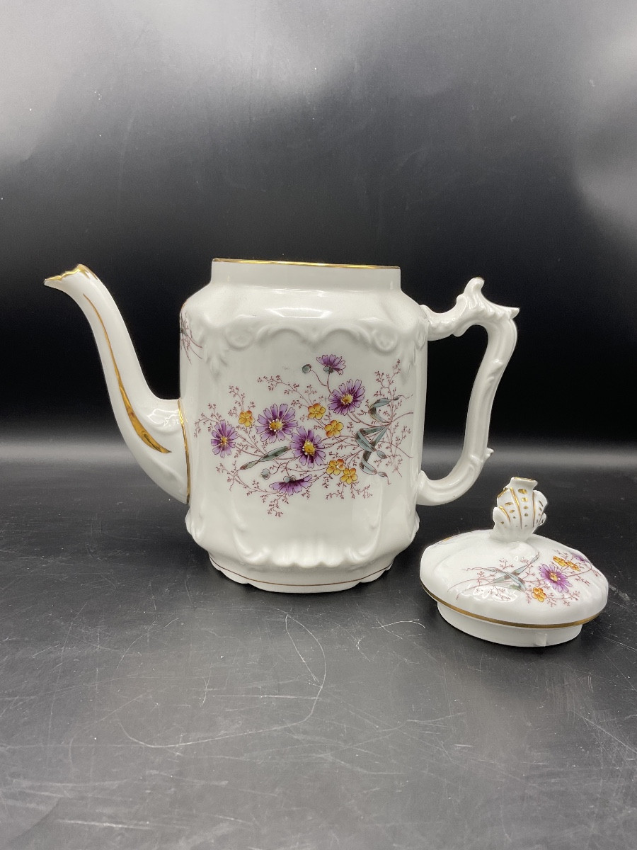 Limoges Polychrome Porcelain Coffee Service Decorated With A Bouquet Of Flowers And A Butterfly.-photo-3