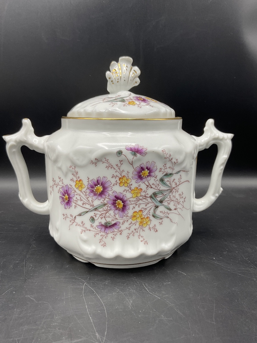 Limoges Polychrome Porcelain Coffee Service Decorated With A Bouquet Of Flowers And A Butterfly.-photo-5