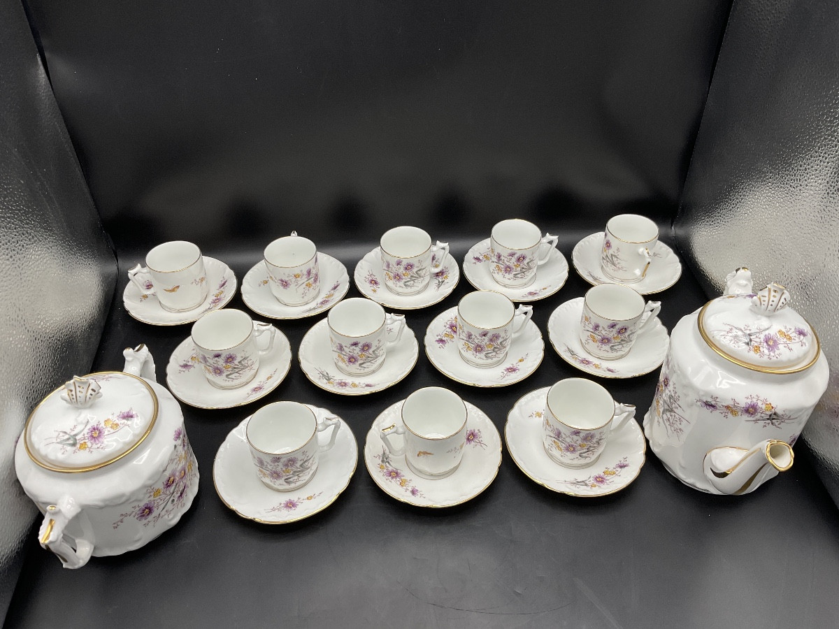 Limoges Polychrome Porcelain Coffee Service Decorated With A Bouquet Of Flowers And A Butterfly.-photo-8