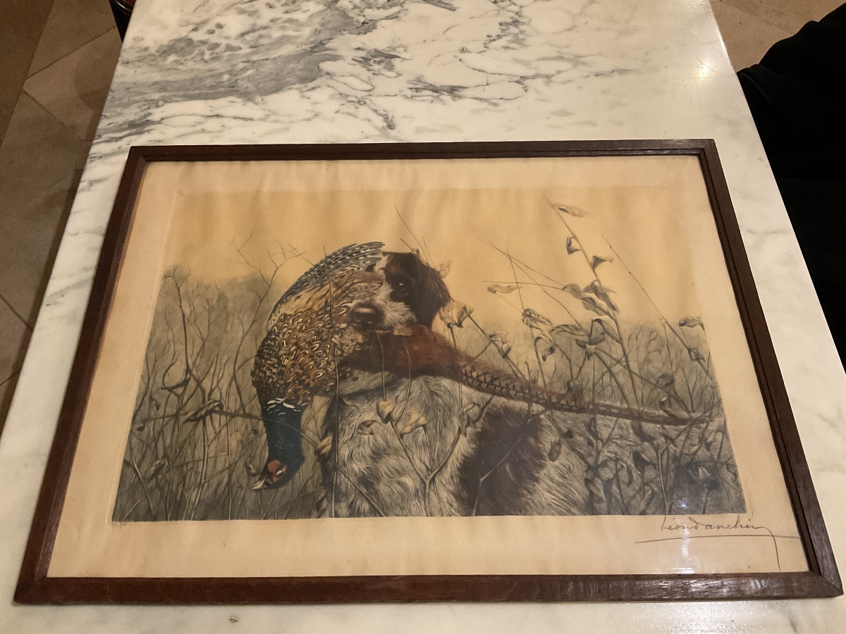 Polychrome Engraving Signed Léon Danchin Depicting A Griffin With A Pheasant Rooster In Its Mouth.-photo-2