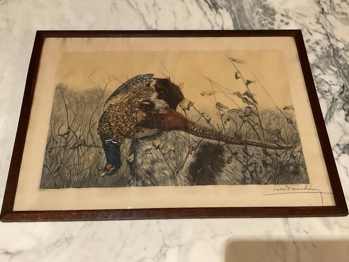 Polychrome Engraving Signed Léon Danchin Depicting A Griffin With A Pheasant Rooster In Its Mouth.-photo-6