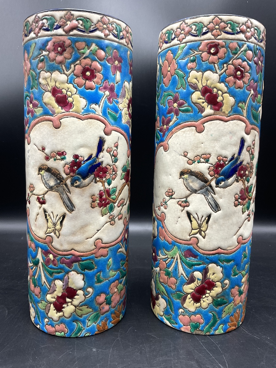 Pair Of Longwy Enamel Scroll Vases Decorated With A Cartel Depicting Two Perched Birds.-photo-2