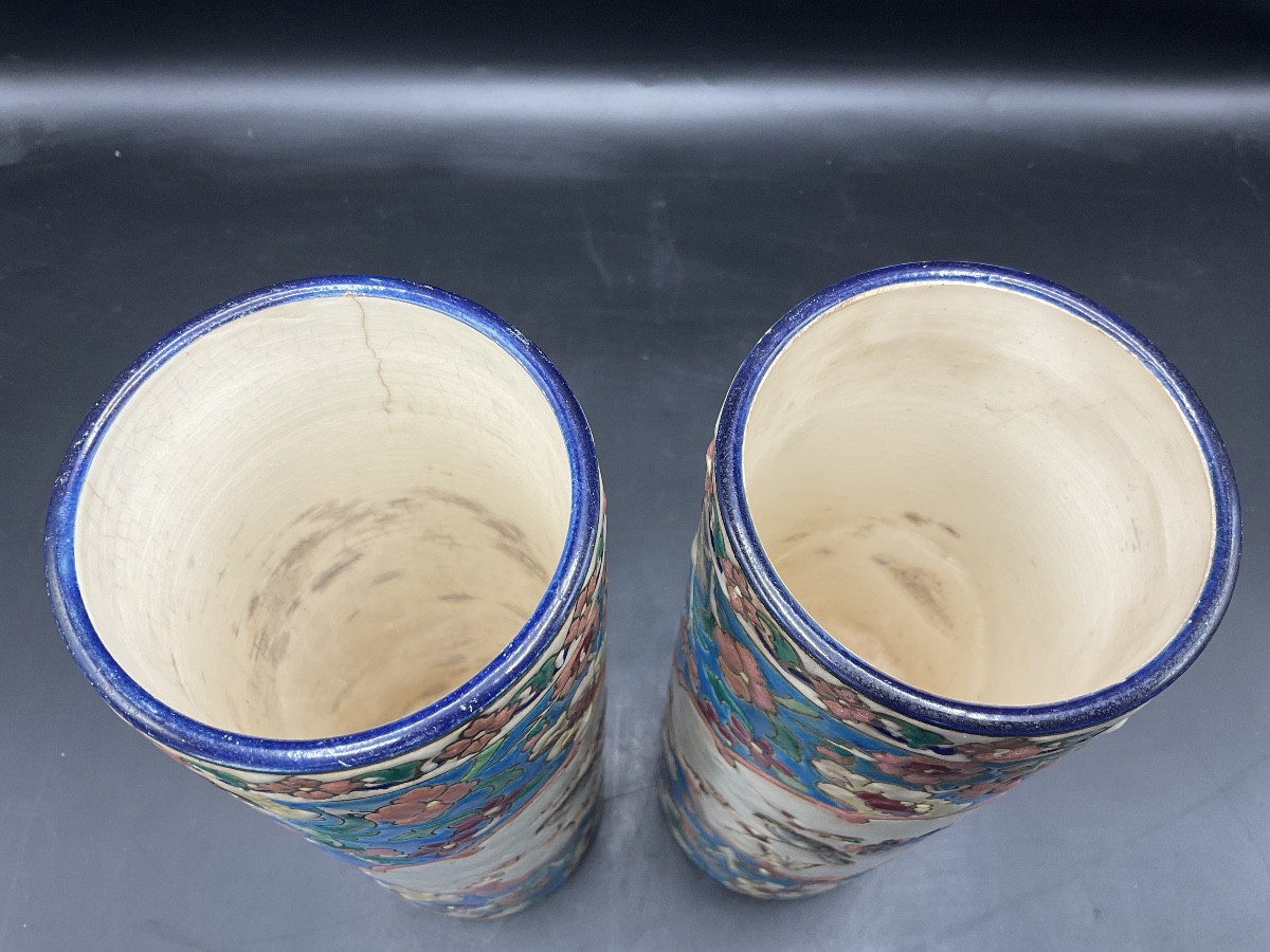 Pair Of Longwy Enamel Scroll Vases Decorated With A Cartel Depicting Two Perched Birds.-photo-1