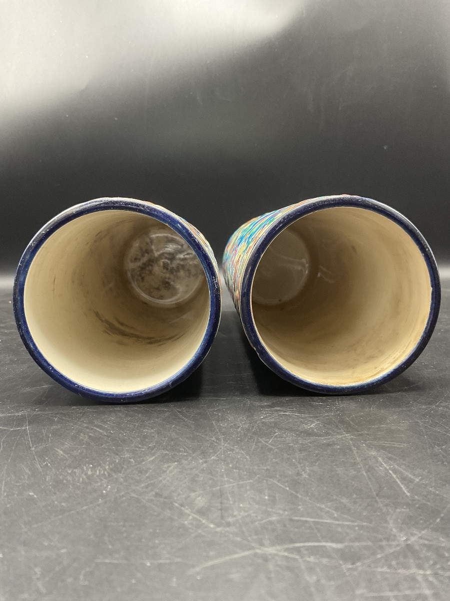 Pair Of Longwy Enamel Scroll Vases Decorated With A Cartel Depicting Two Perched Birds.-photo-2