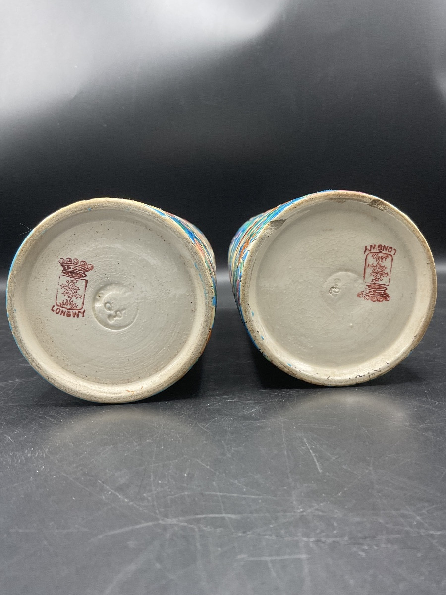 Pair Of Longwy Enamel Scroll Vases Decorated With A Cartel Depicting Two Perched Birds.-photo-3