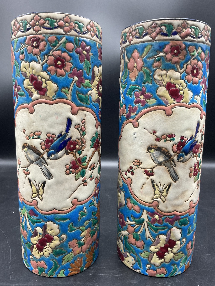 Pair Of Longwy Enamel Scroll Vases Decorated With A Cartel Depicting Two Perched Birds.-photo-5