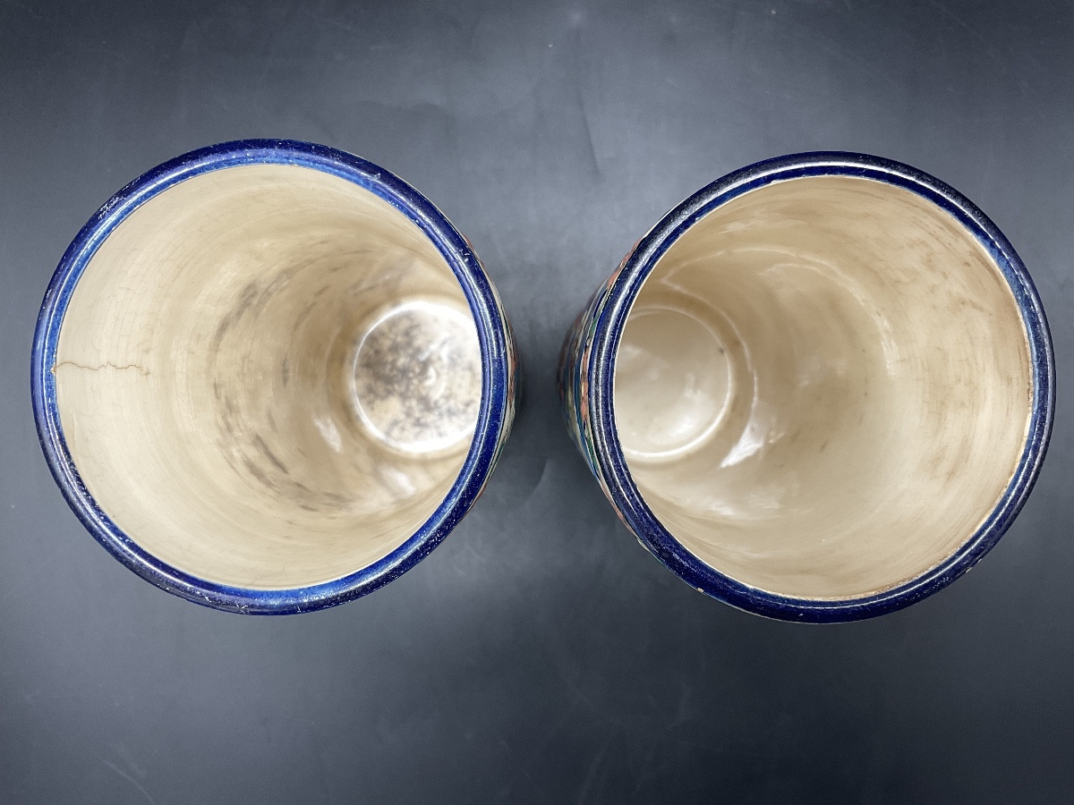 Pair Of Longwy Enamel Scroll Vases Decorated With A Cartel Depicting Two Perched Birds.-photo-8