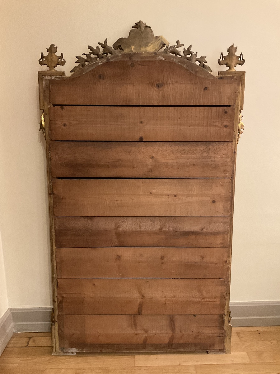 Grand miroir ou glace de cheminée d'époque Napoléon III style Louis XVI, cadre en bois et stuc.-photo-4