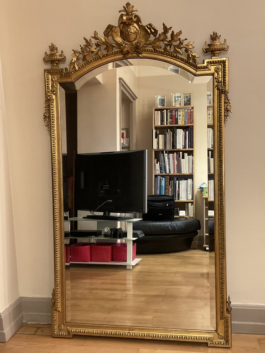 Grand miroir ou glace de cheminée d'époque Napoléon III style Louis XVI, cadre en bois et stuc.-photo-2