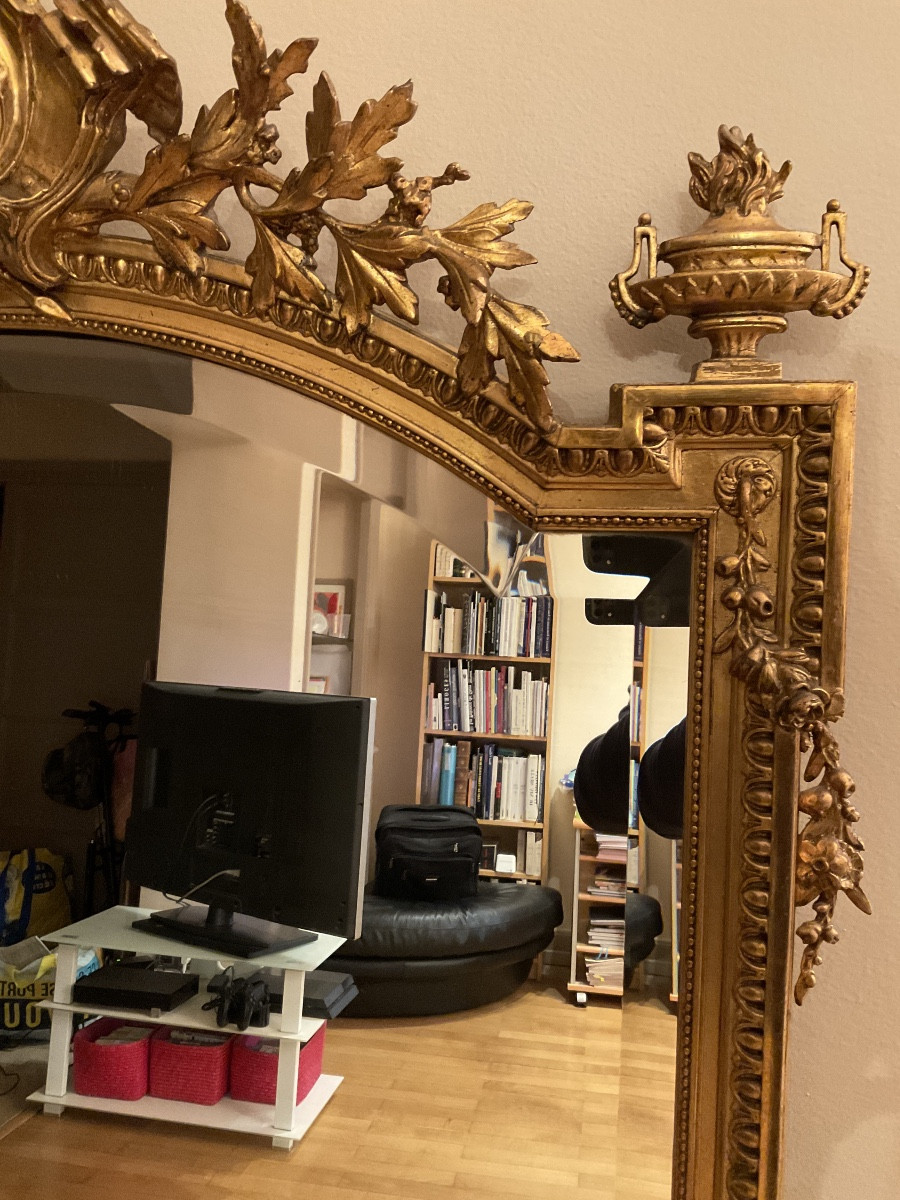 Grand miroir ou glace de cheminée d'époque Napoléon III style Louis XVI, cadre en bois et stuc.-photo-4