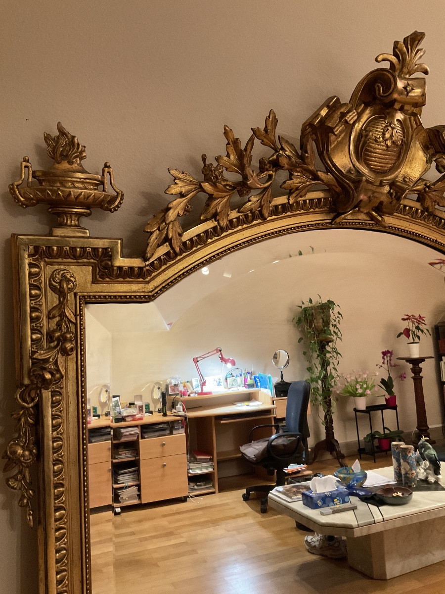Grand miroir ou glace de cheminée d'époque Napoléon III style Louis XVI, cadre en bois et stuc.-photo-7