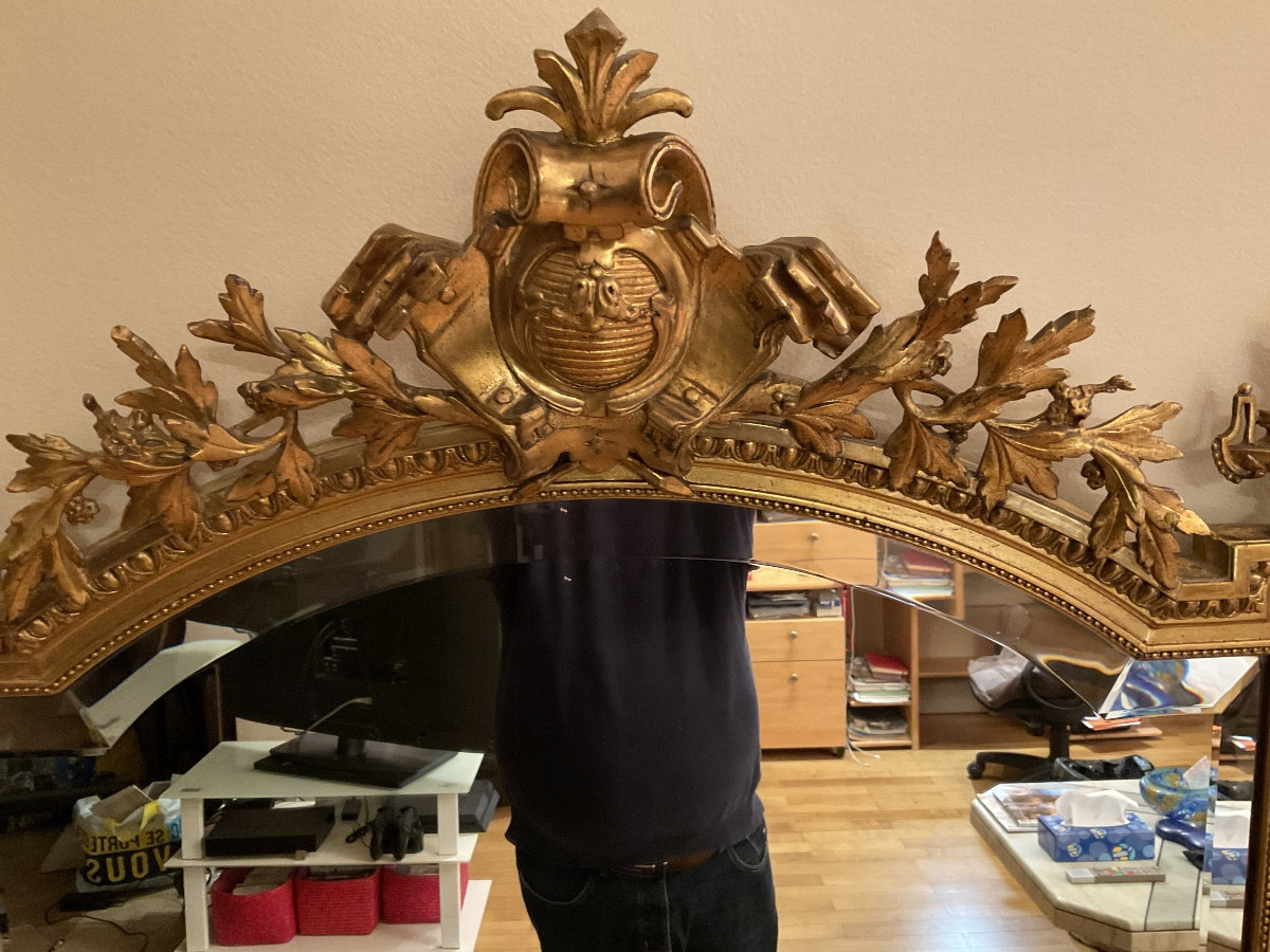 Grand miroir ou glace de cheminée d'époque Napoléon III style Louis XVI, cadre en bois et stuc.-photo-6