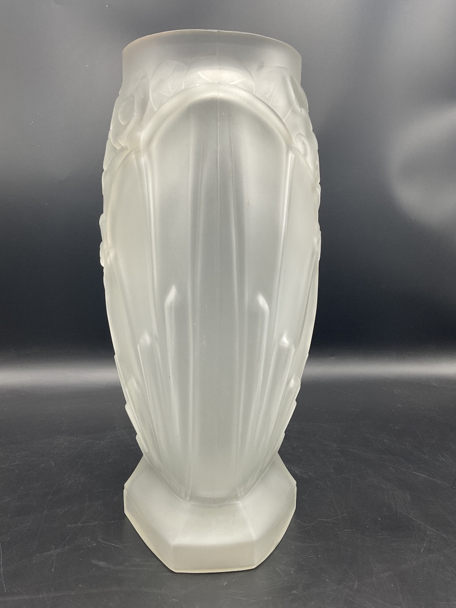Vase Müller frères art-déco ovoïde sur piédouche hexagonal en verre pressé moulé à décor floral-photo-3