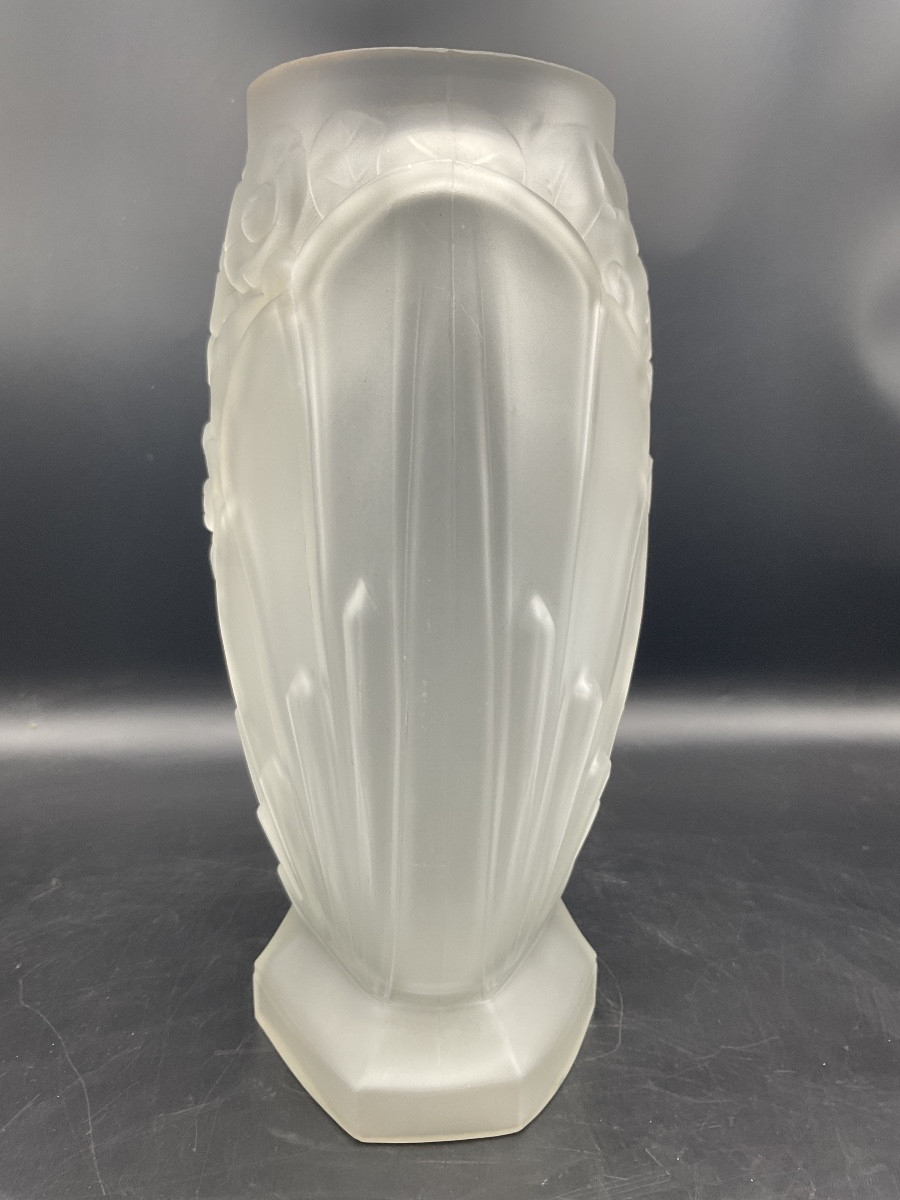 Vase Müller frères art-déco ovoïde sur piédouche hexagonal en verre pressé moulé à décor floral-photo-2