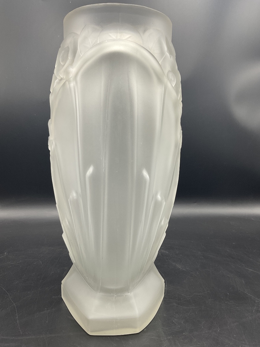 Vase Müller frères art-déco ovoïde sur piédouche hexagonal en verre pressé moulé à décor floral-photo-4