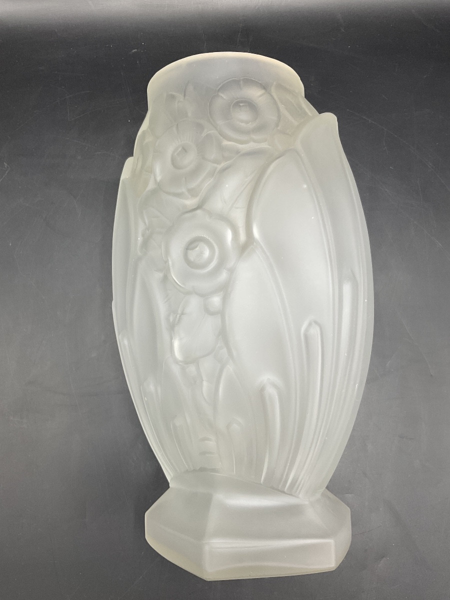 Vase Müller frères art-déco ovoïde sur piédouche hexagonal en verre pressé moulé à décor floral-photo-6
