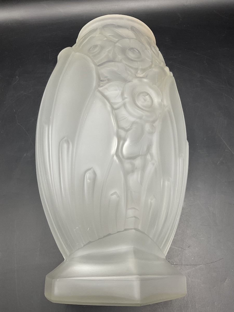 Vase Müller frères art-déco ovoïde sur piédouche hexagonal en verre pressé moulé à décor floral-photo-8