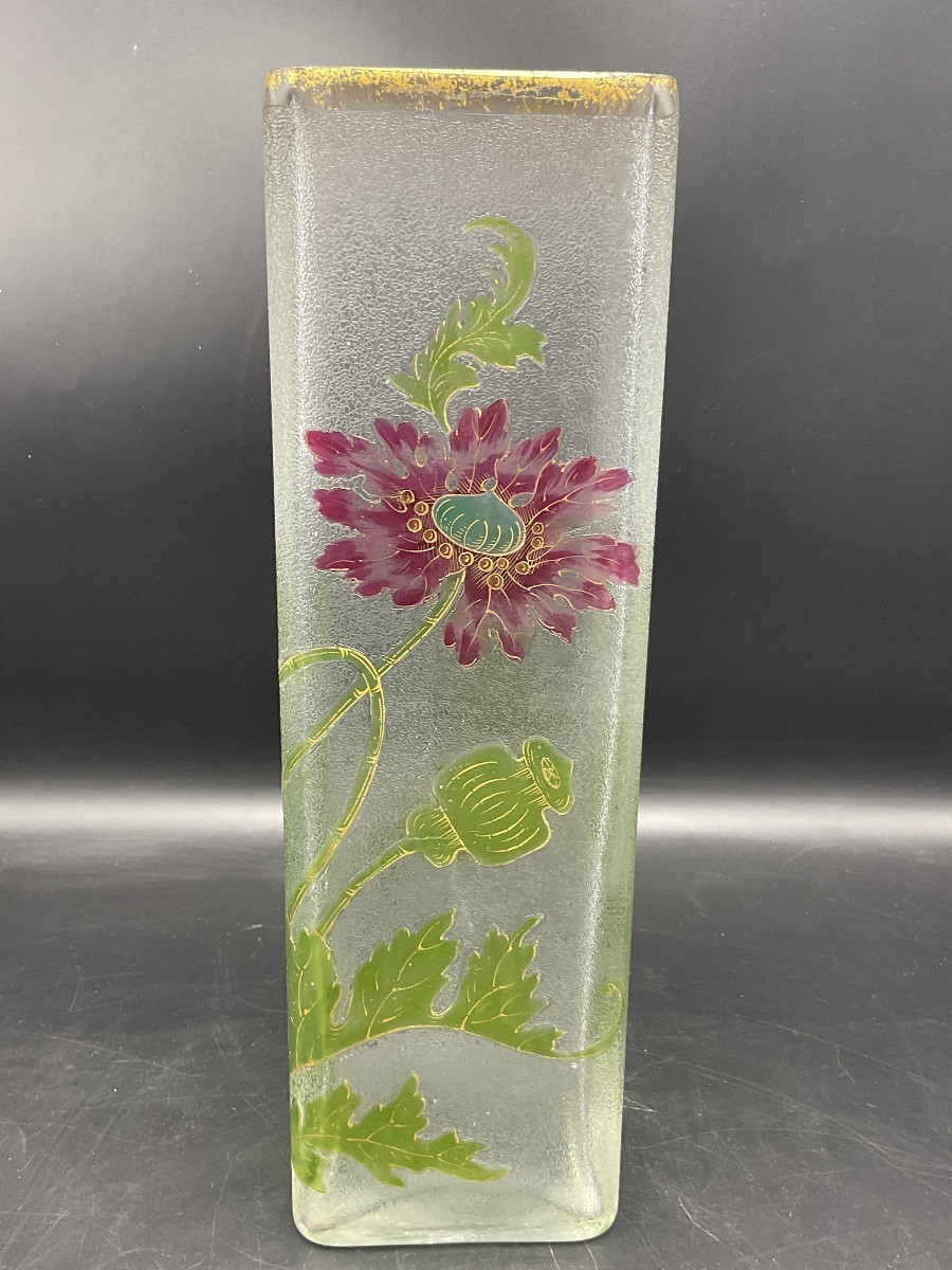 Vase art nouveau émaillé polychrome en cristal de la cristallerie de baccarat à décor de pavots-photo-2