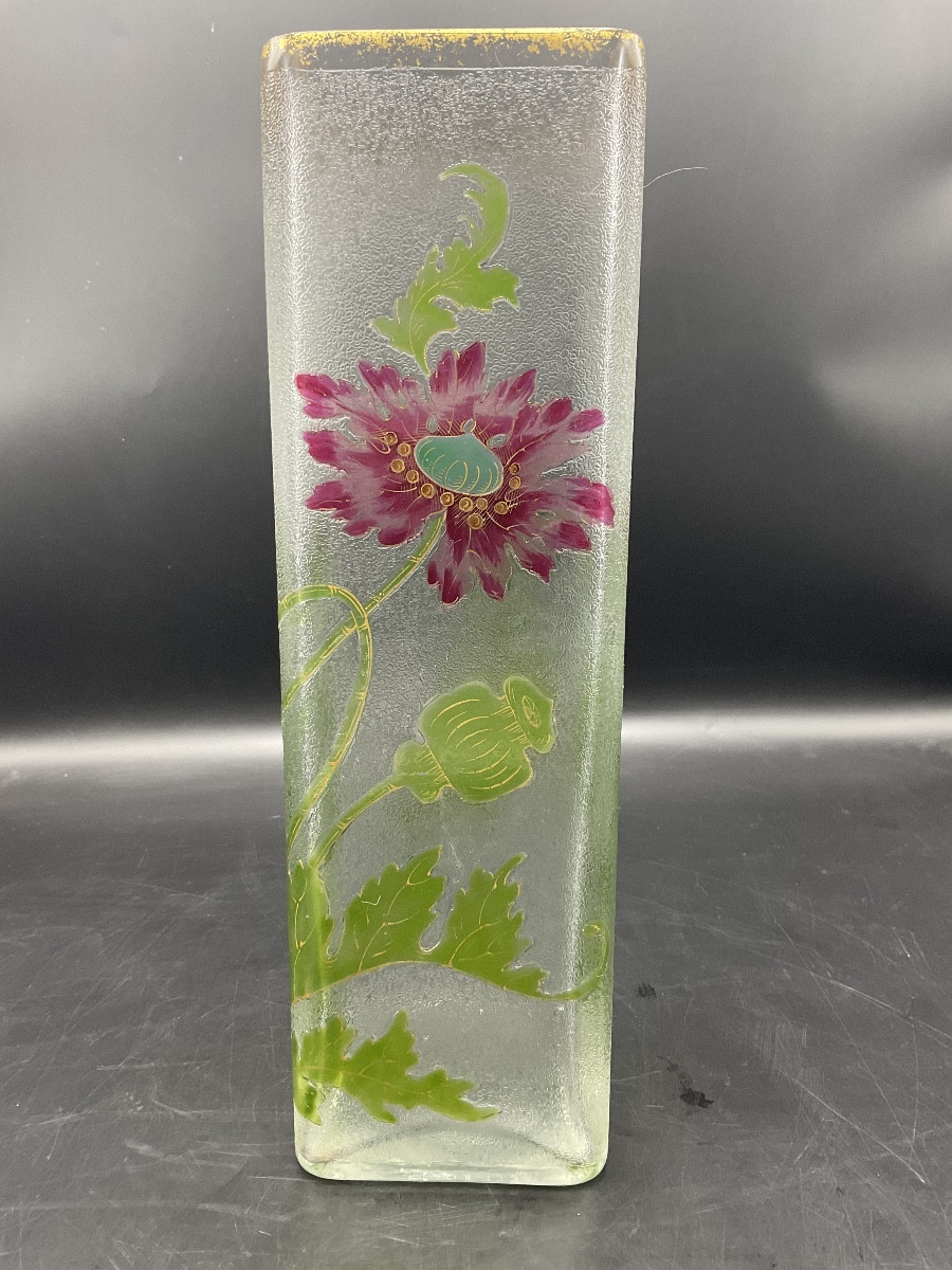 Vase art nouveau émaillé polychrome en cristal de la cristallerie de baccarat à décor de pavots-photo-8