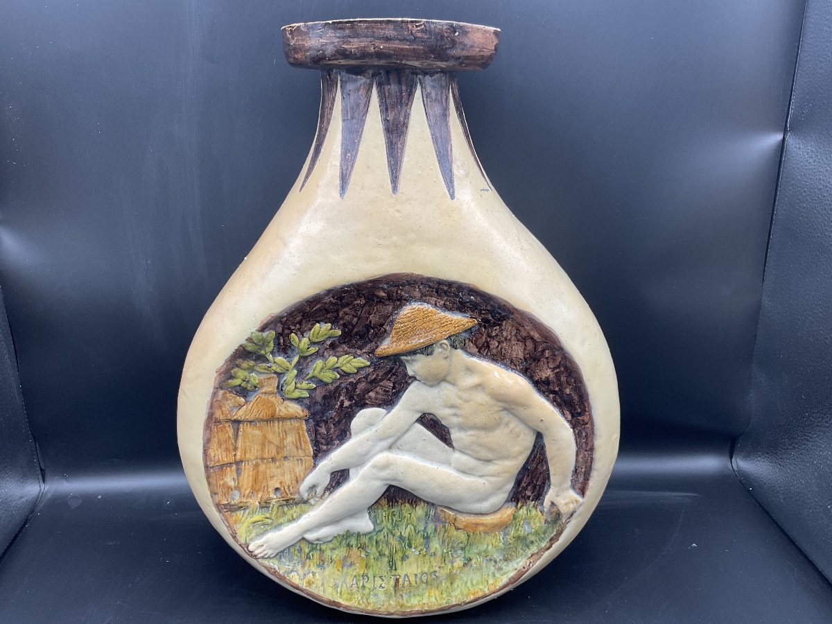 Max Claudet Polychrome Enameled Earthenware Gourd Vase Depicting Aristée.-photo-2