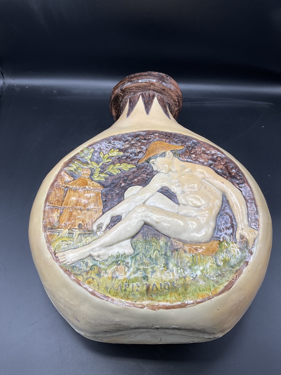 Max Claudet Polychrome Enameled Earthenware Gourd Vase Depicting Aristée.-photo-5