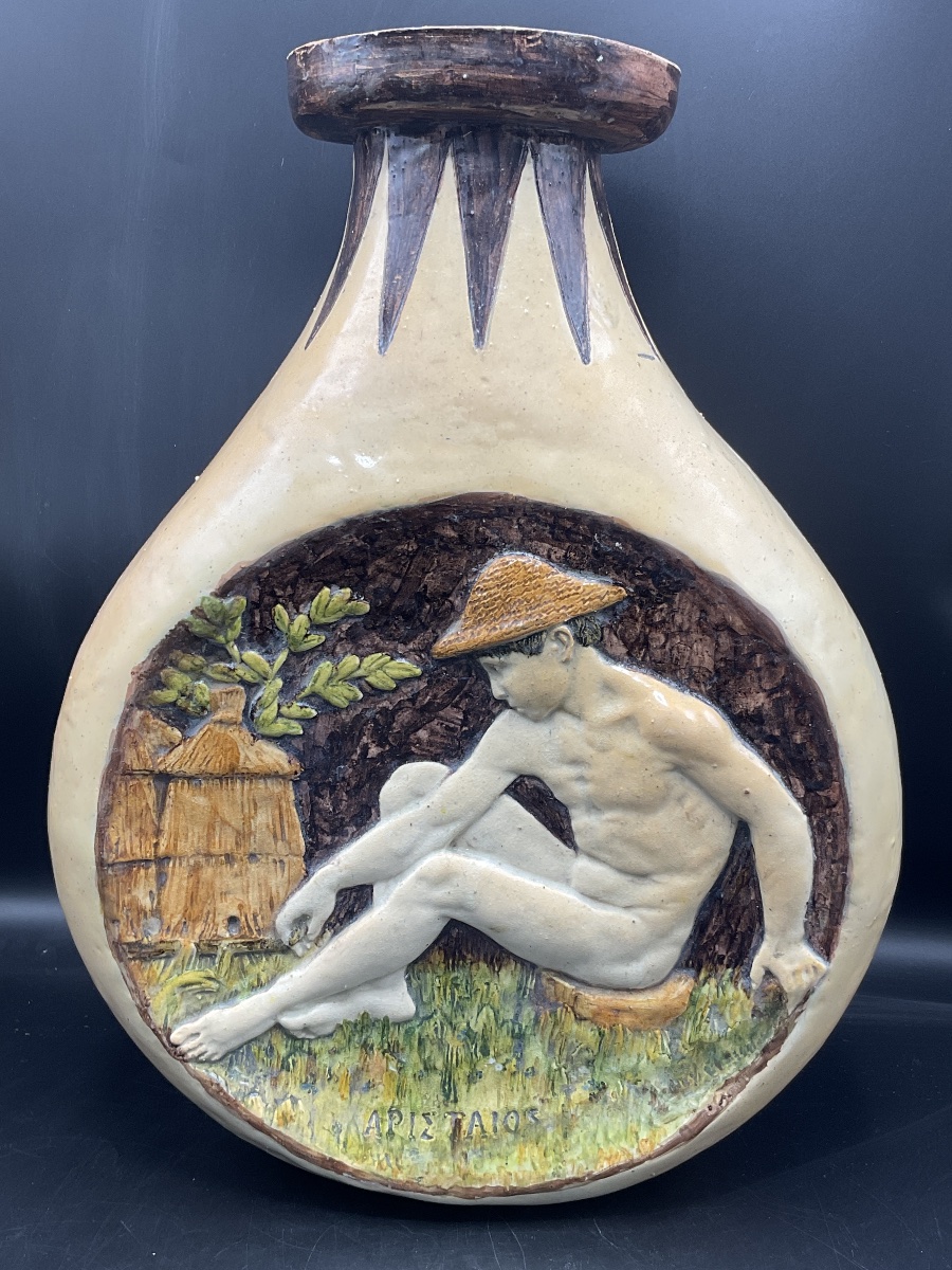Max Claudet Polychrome Enameled Earthenware Gourd Vase Depicting Aristée.-photo-8
