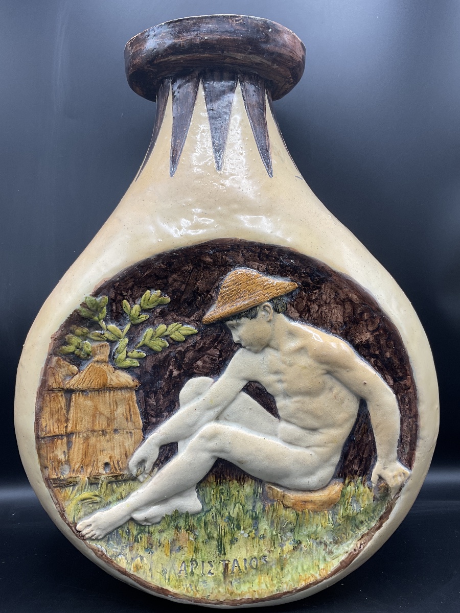 Max Claudet Polychrome Enameled Earthenware Gourd Vase Depicting Aristée.