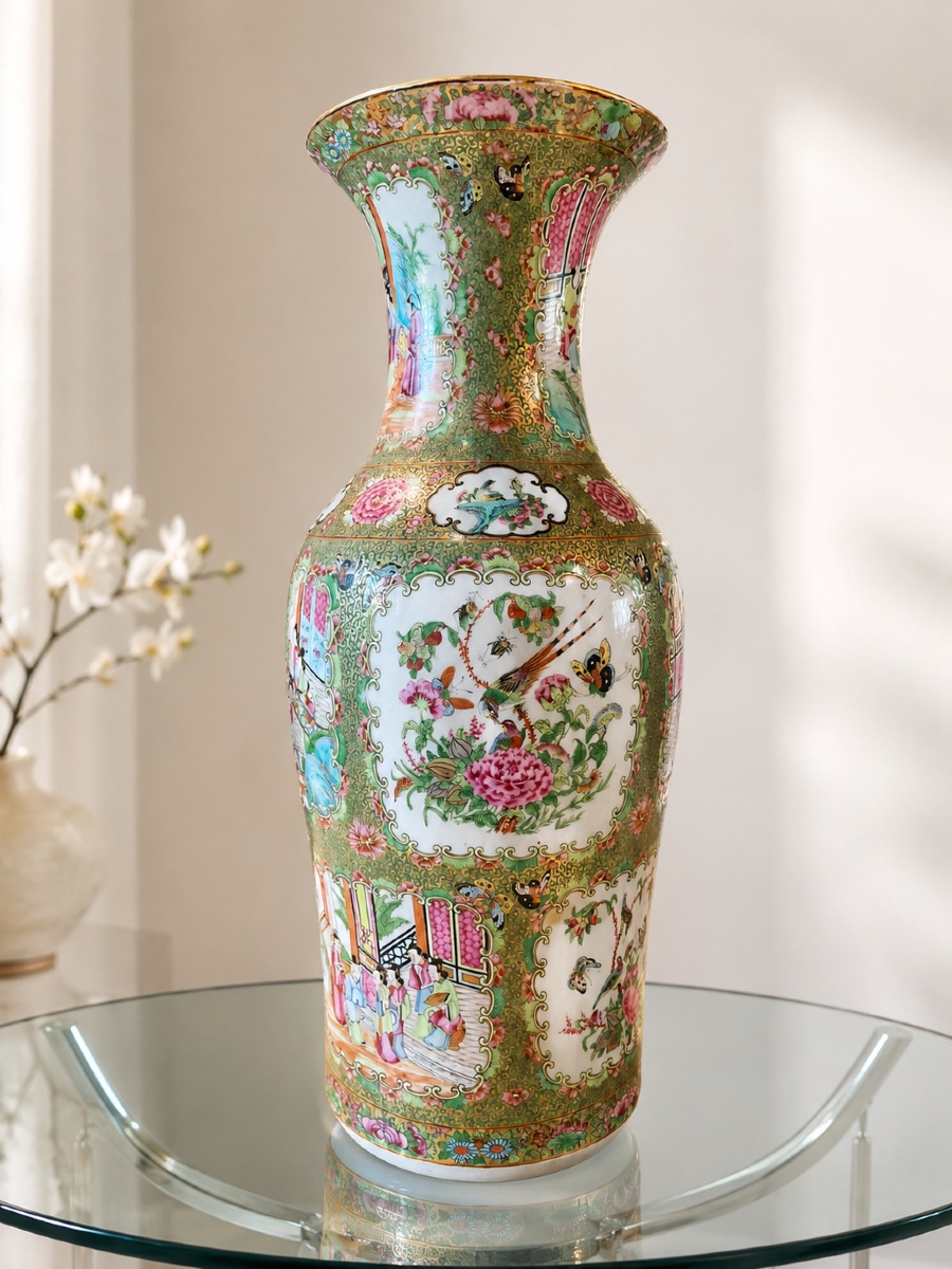  Grand vase en porcelaine de Chine polychrome de Canton famille rose de forme balustre 19 éme.-photo-1