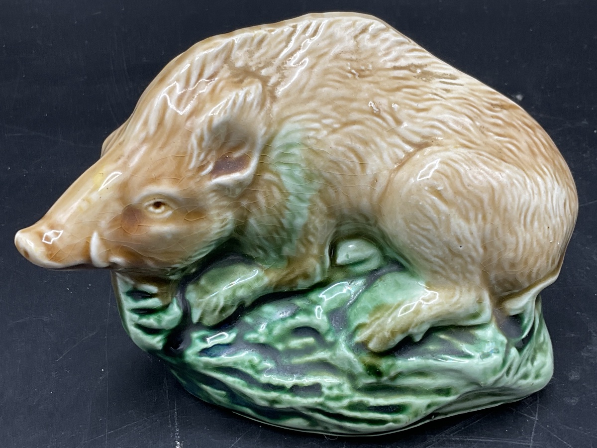 A Polychrome Slip-glazed Piggy Bank From The Onnaing Factory Depicting A Wild Boar.