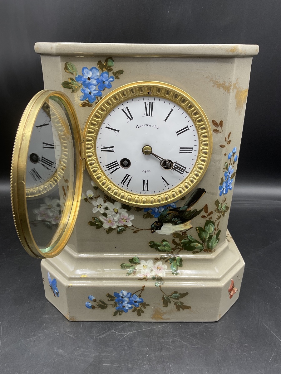 A Longwy Polychrome Slip-glazed Cornice Clock Decorated With Butterflies, Birds, And Flowers-photo-2