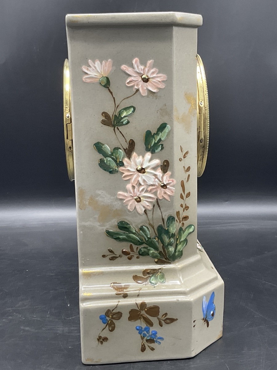 A Longwy Polychrome Slip-glazed Cornice Clock Decorated With Butterflies, Birds, And Flowers-photo-4