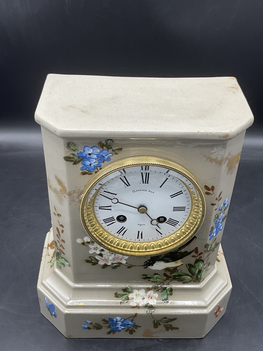 A Longwy Polychrome Slip-glazed Cornice Clock Decorated With Butterflies, Birds, And Flowers-photo-6