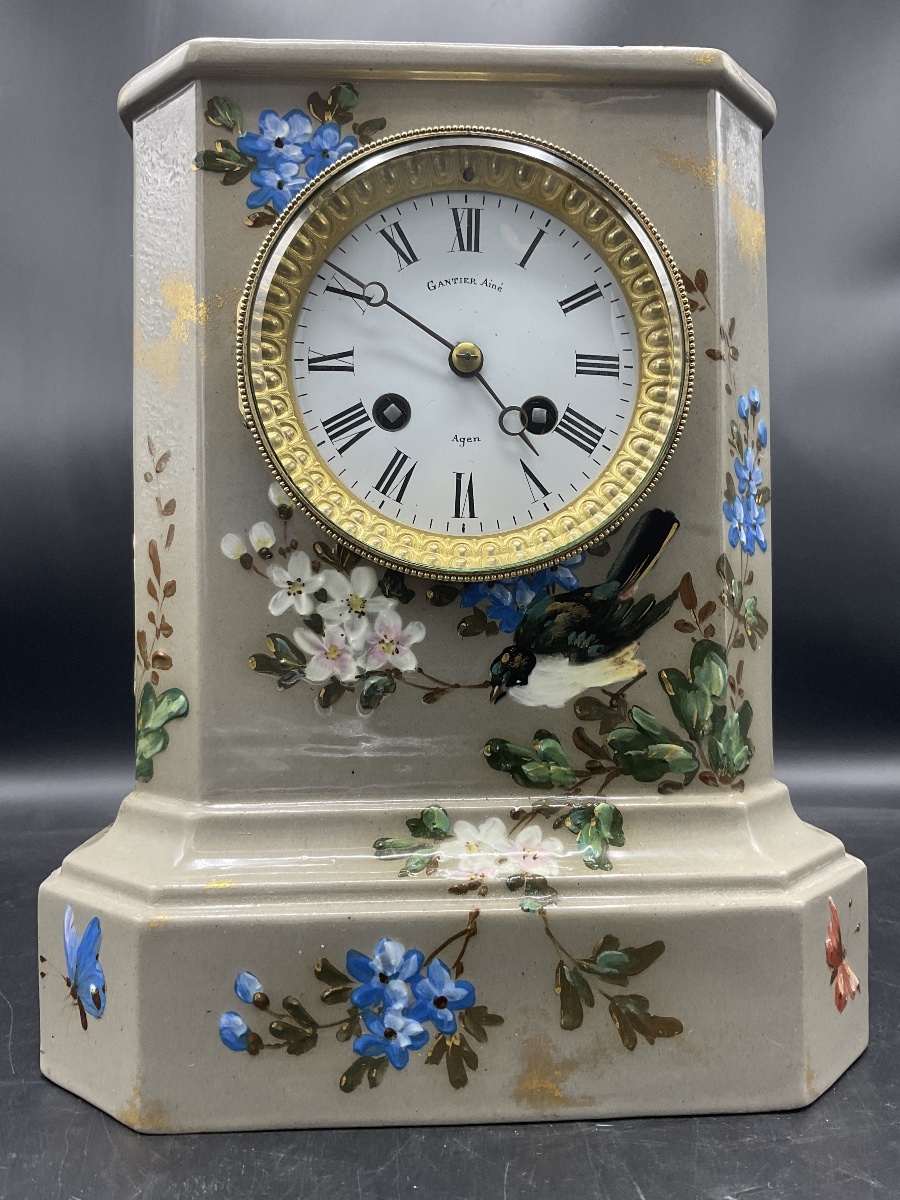 A Longwy Polychrome Slip-glazed Cornice Clock Decorated With Butterflies, Birds, And Flowers-photo-7