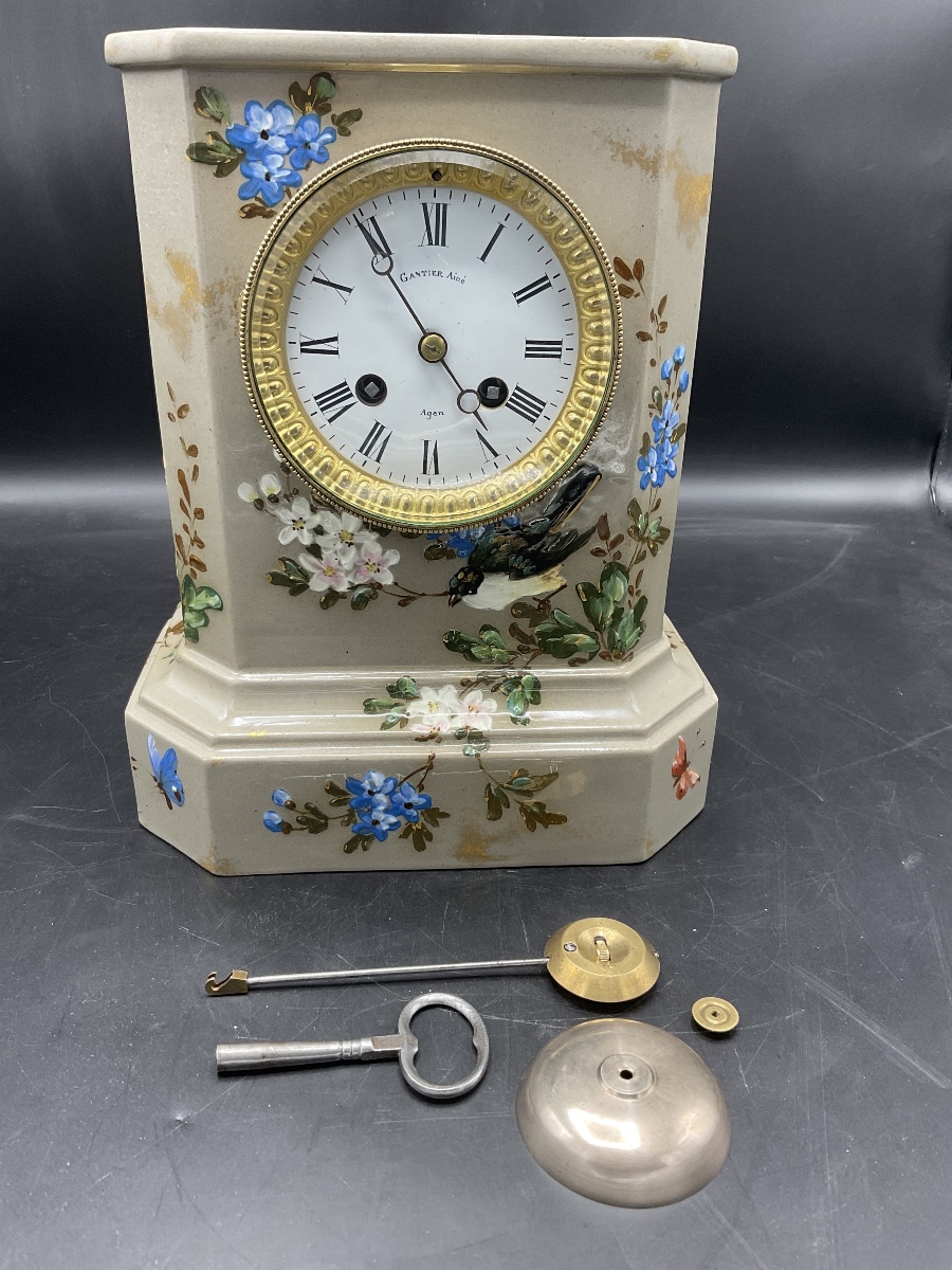 A Longwy Polychrome Slip-glazed Cornice Clock Decorated With Butterflies, Birds, And Flowers-photo-8
