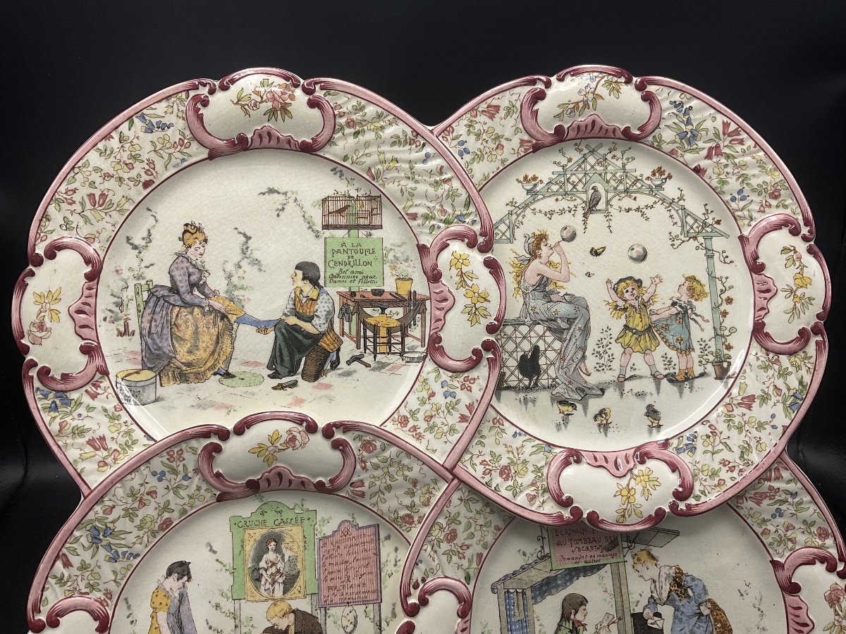 Plateau à quatre assiettes en faïence polychrome de Sarreguemines décor de Froment Richard. -photo-4