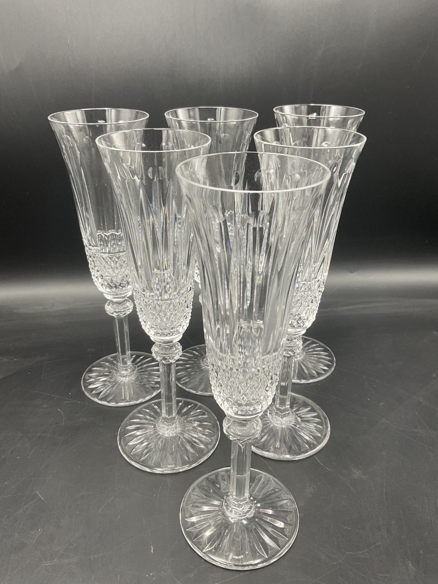 Saint Louis Set Of Six Hand-blown Clear Cut Crystal Champagne Flutes, "tommy" Model.-photo-2