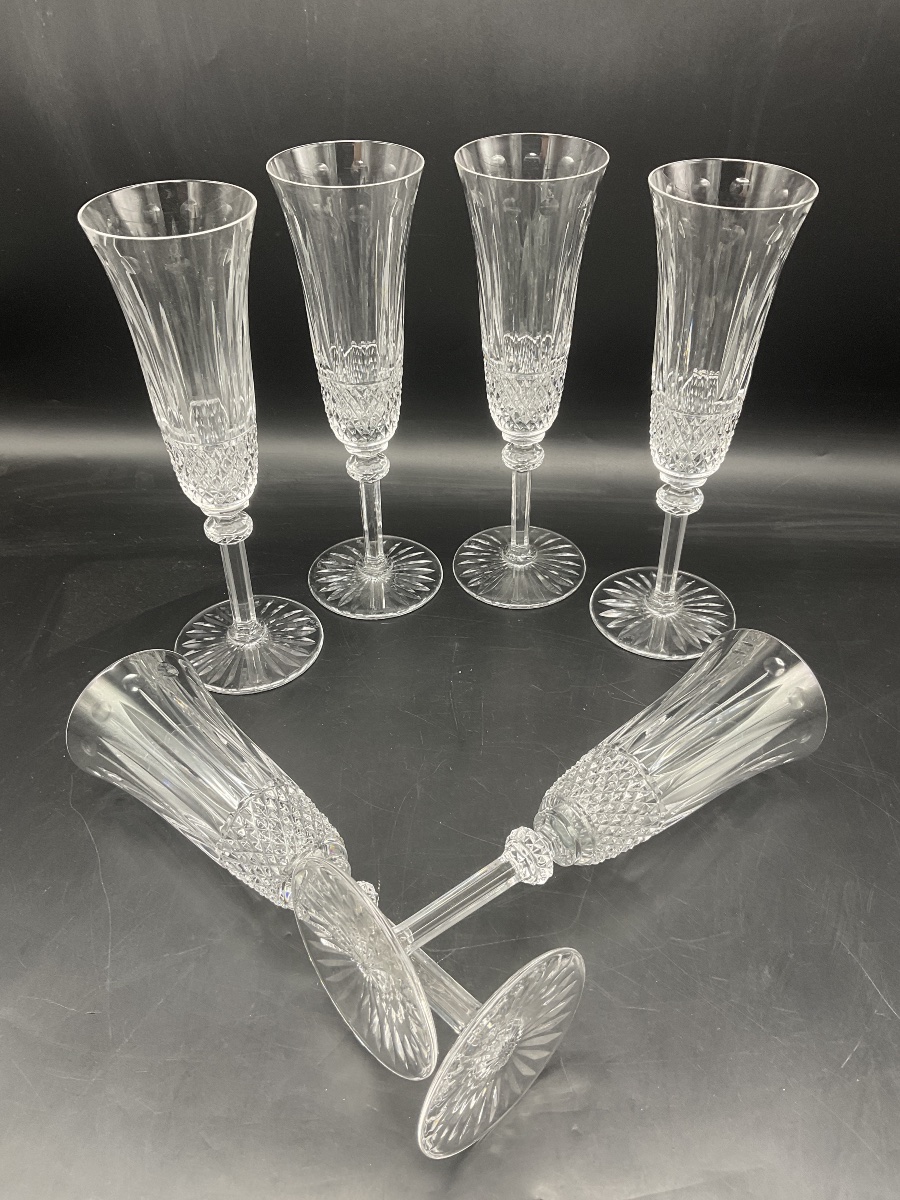 Saint Louis Set Of Six Hand-blown Clear Cut Crystal Champagne Flutes, "tommy" Model.-photo-3
