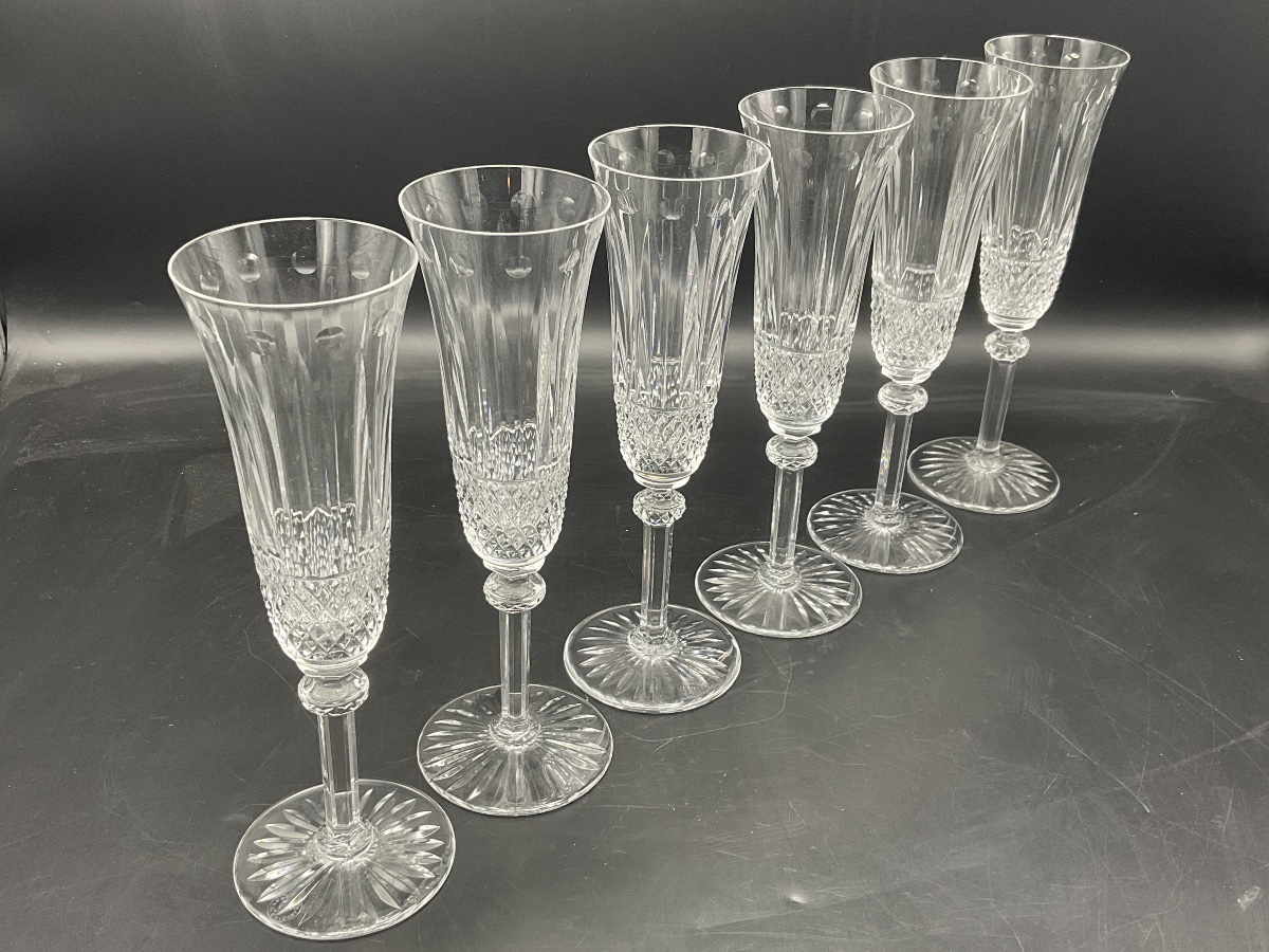 Saint Louis Set Of Six Hand-blown Clear Cut Crystal Champagne Flutes, "tommy" Model.-photo-6