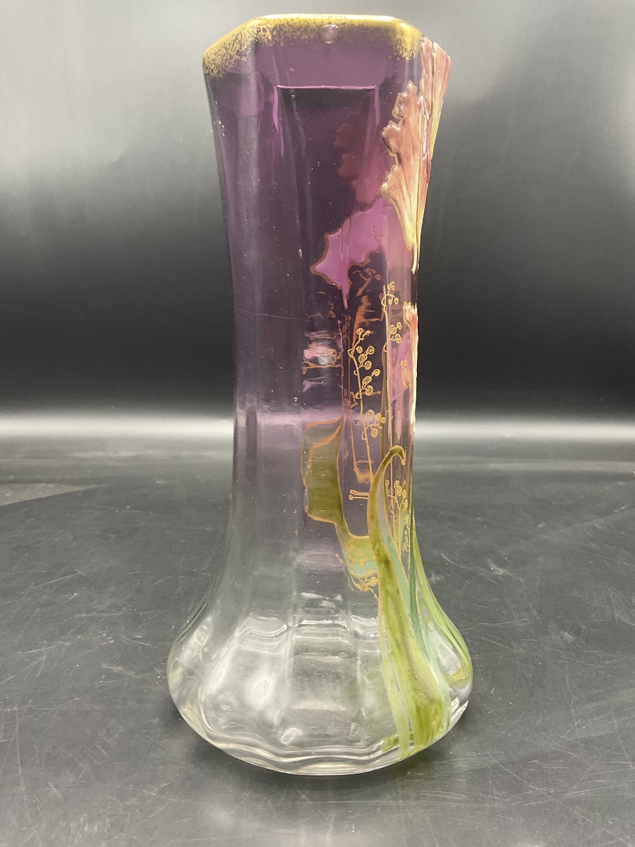 Vase Legras en verre polychrome à décor émaillées de tulipe perroquet sur fond dégradé violet.-photo-4