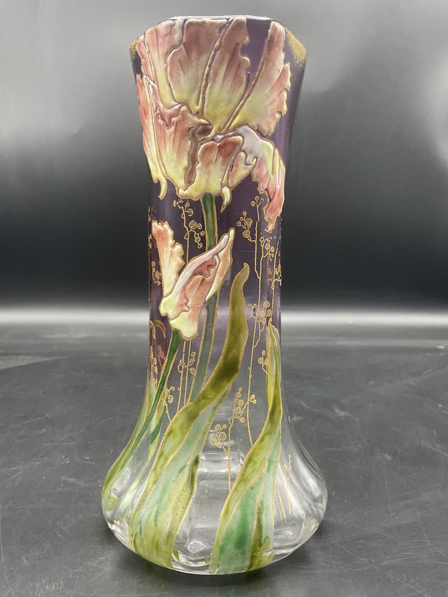 Vase Legras en verre polychrome à décor émaillées de tulipe perroquet sur fond dégradé violet.-photo-5