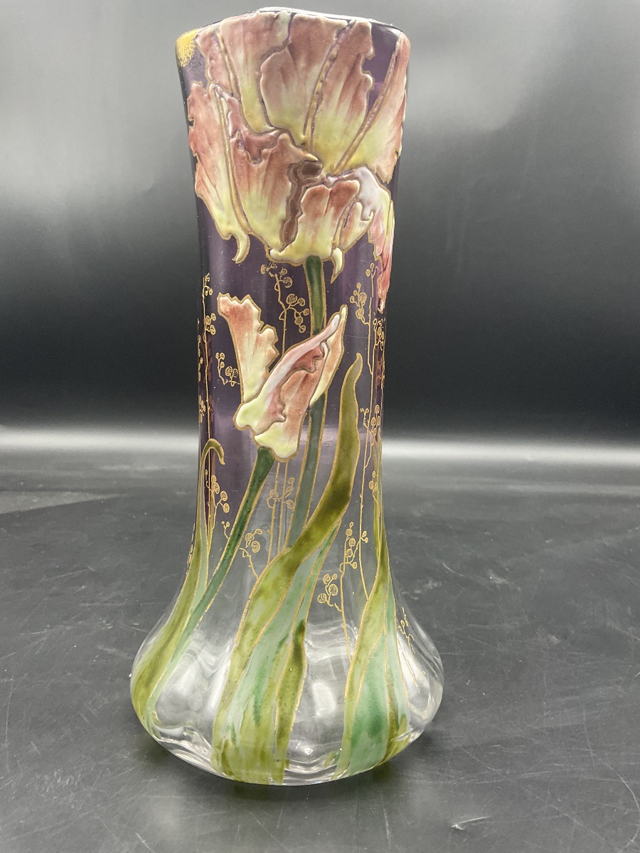 Vase Legras en verre polychrome à décor émaillées de tulipe perroquet sur fond dégradé violet.-photo-6